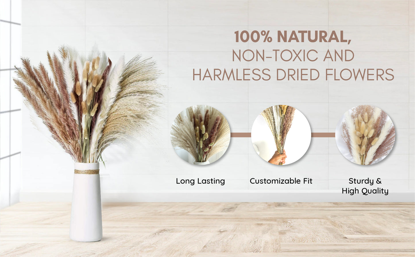 17 Inch Long Dried Pampas Grass - 100 pcs